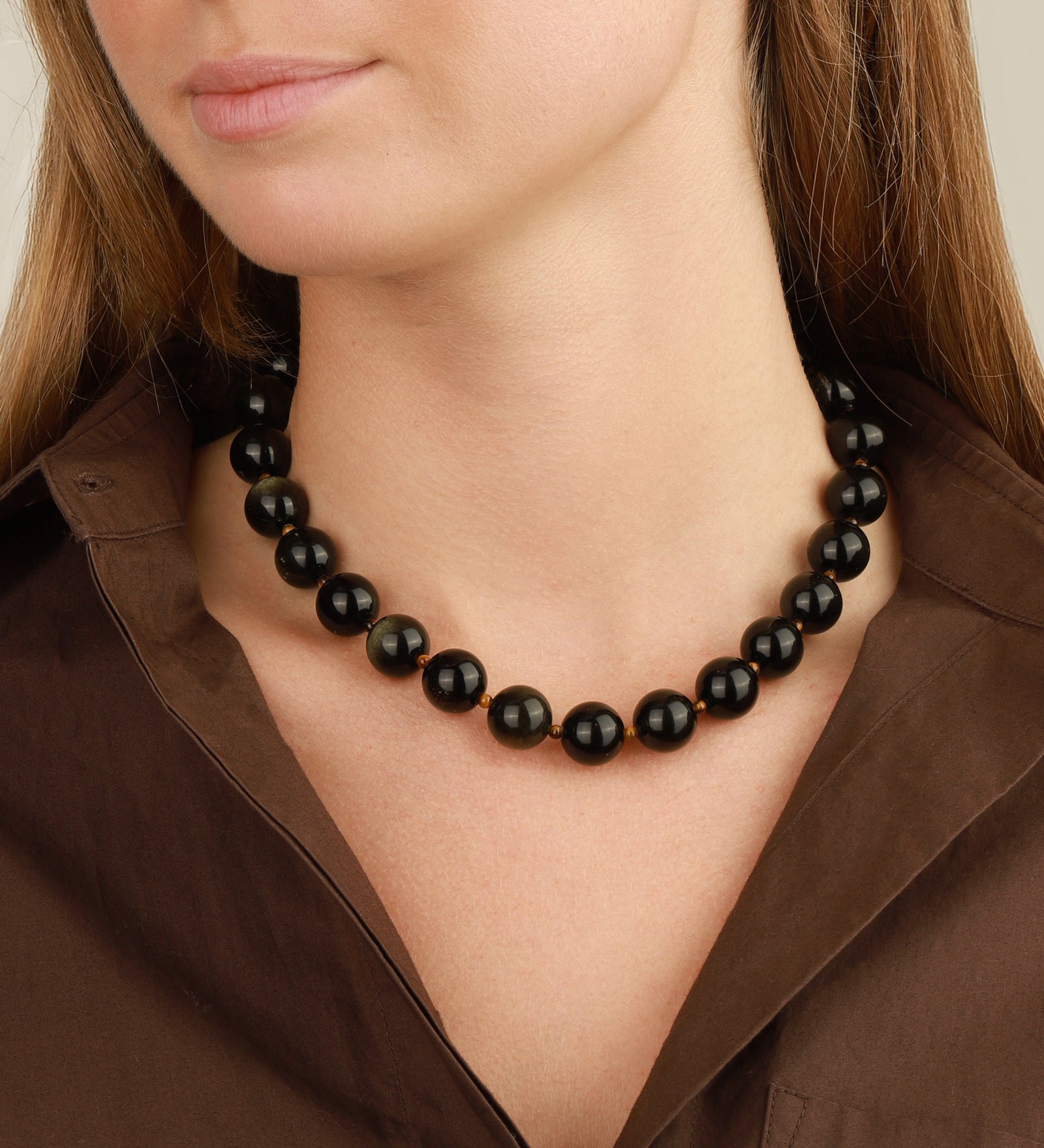Golden Obsidian Chunky Beaded Necklace | 14mm 14k Gold Plated, Golden Obsidian, Tigers Eye
