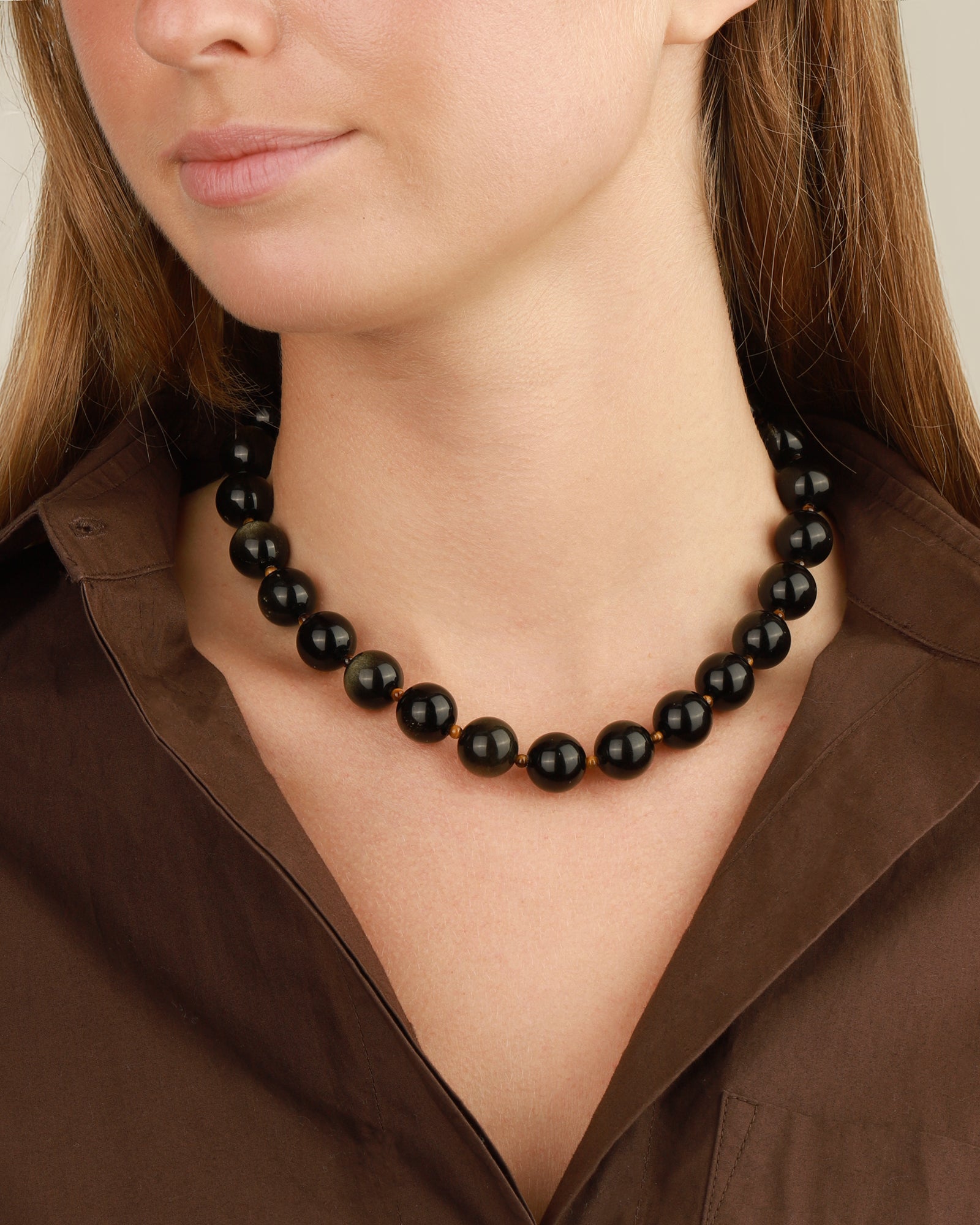Golden Obsidian Chunky Beaded Necklace | 14mm 14k Gold Plated, Golden Obsidian, Tigers Eye