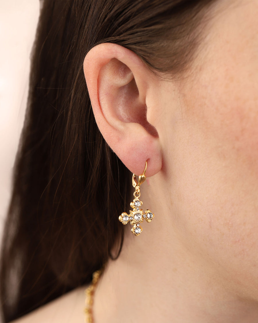 La Vie Parisienne-Crystal Cross Hooks-Earrings-14k Gold Plated-Blue Ruby Jewellery-Vancouver Canada