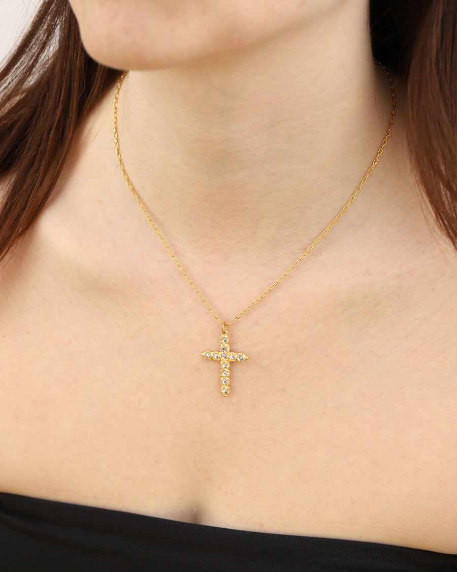 La Vie Parisienne-Cross Necklace-Necklaces-14k Gold Plated, White Crystal-Blue Ruby Jewellery-Vancouver Canada