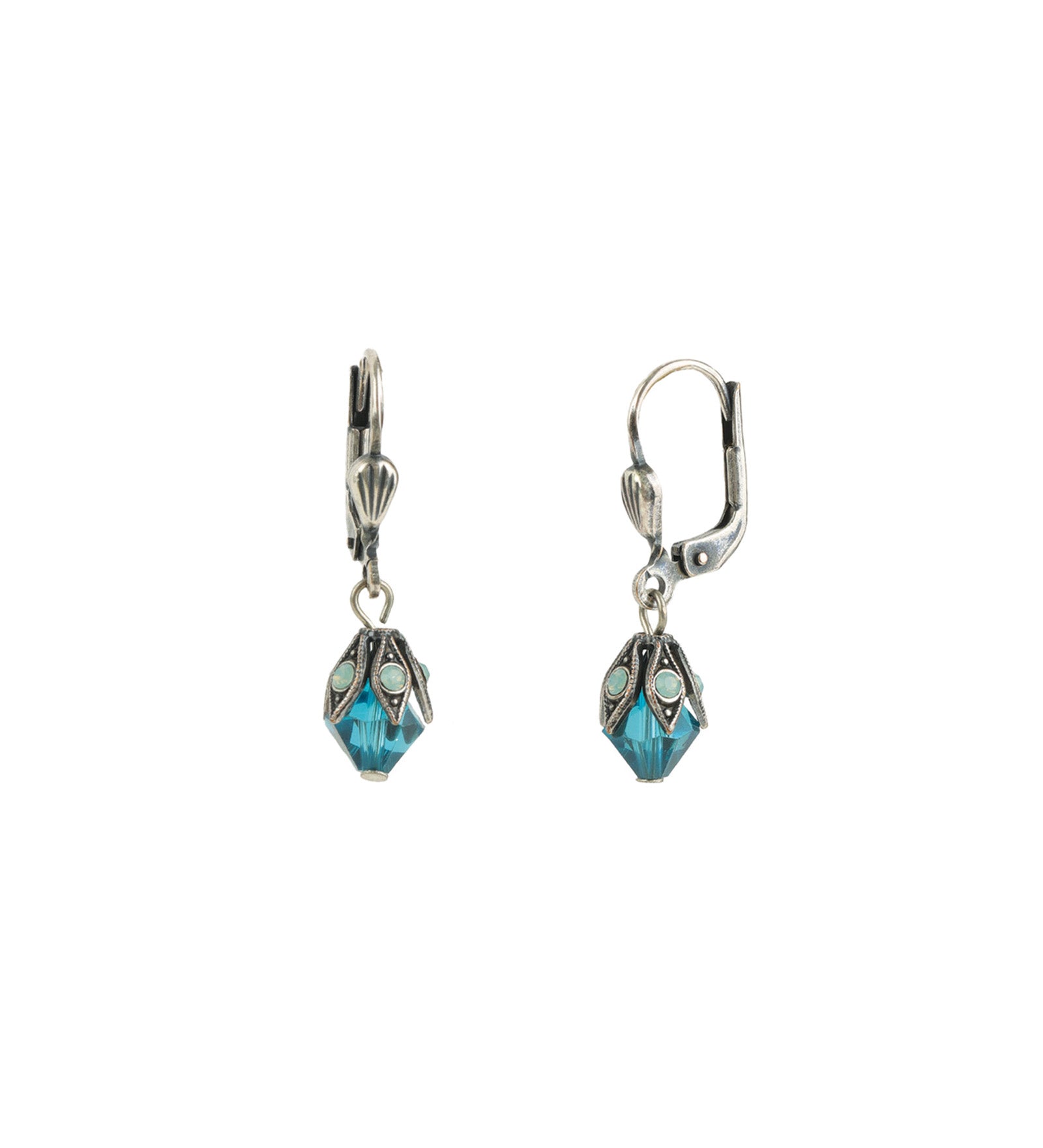 Leaf Cap Drop Hooks Silver Plated, Teal Crystal
