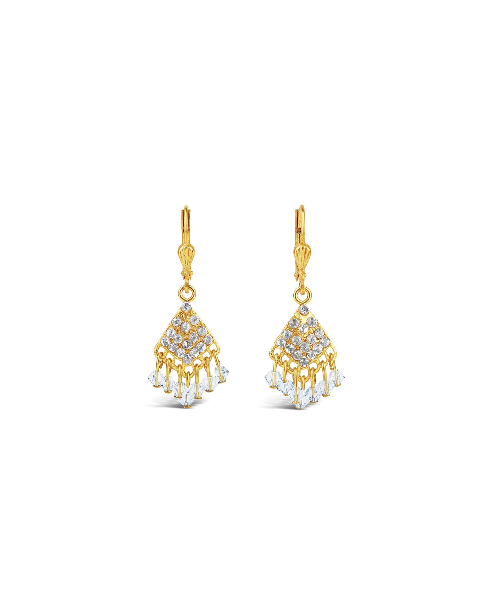 La Vie Parisienne-Fan Crystal Drop Hooks-Earrings-14k Gold Plated, White Crystal-Blue Ruby Jewellery-Vancouver Canada