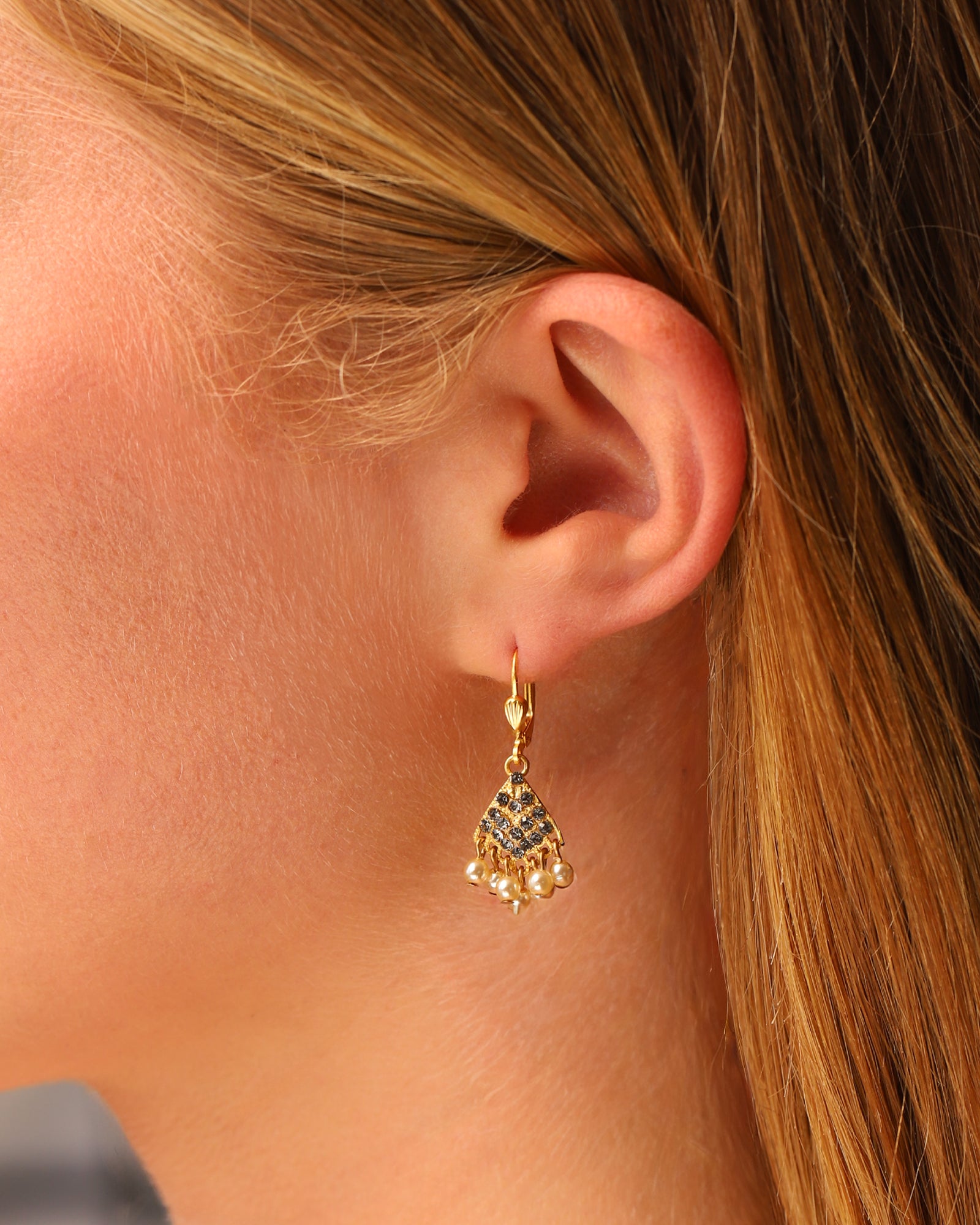 La Vie Parisienne-Fan Crystal Pearl Drop Hooks-Earrings-Blue Ruby Jewellery-Vancouver Canada