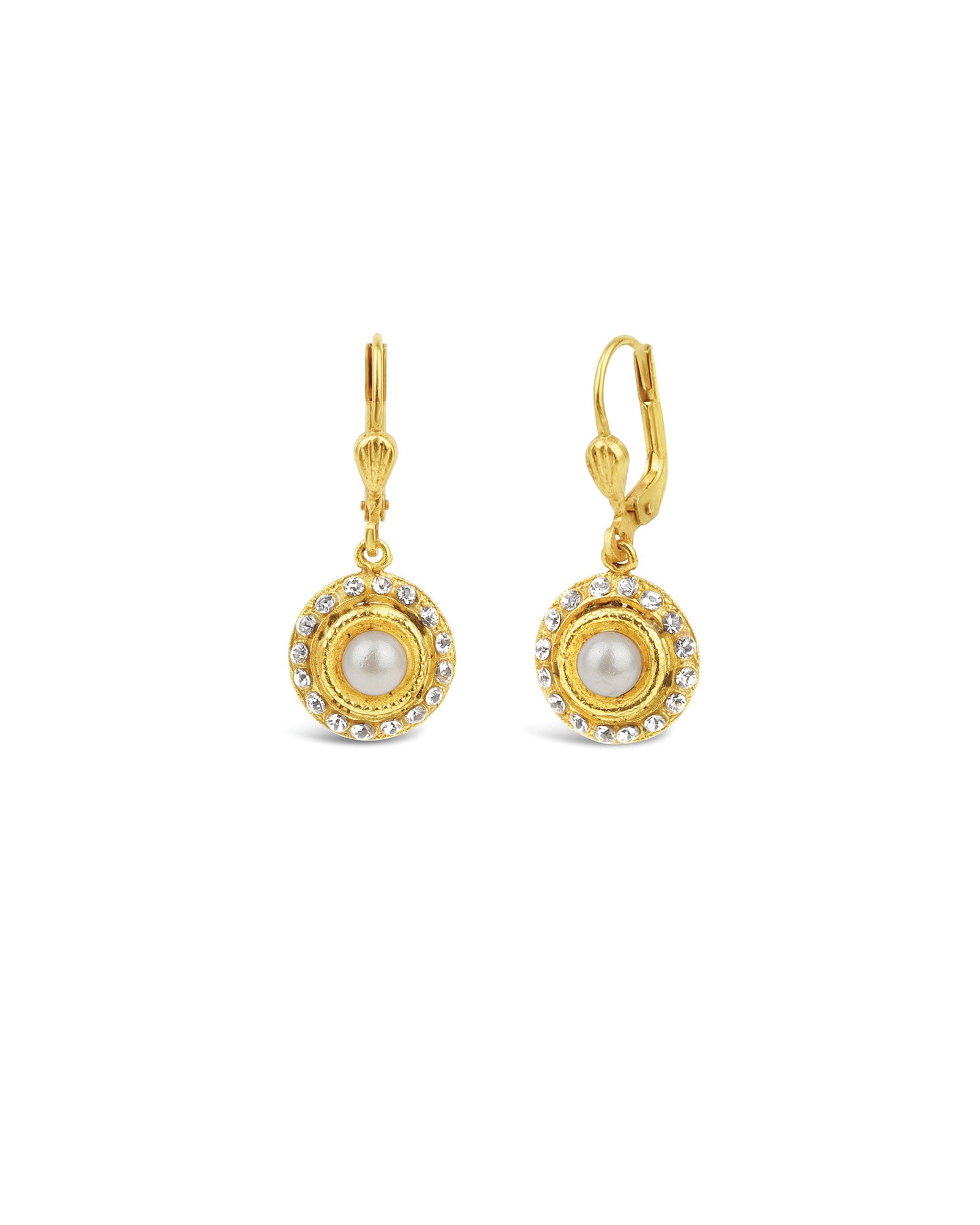 La Vie Parisienne-Round Halo Crystal Hooks | 12mm-Earrings-14k Gold Plated, White Pearl-Blue Ruby Jewellery-Vancouver Canada