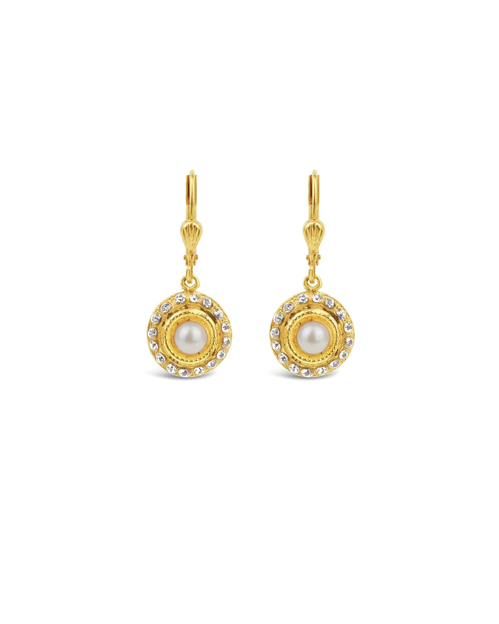 La Vie Parisienne-Round Halo Crystal Hooks | 12mm-Earrings-14k Gold Plated, White Pearl-Blue Ruby Jewellery-Vancouver Canada