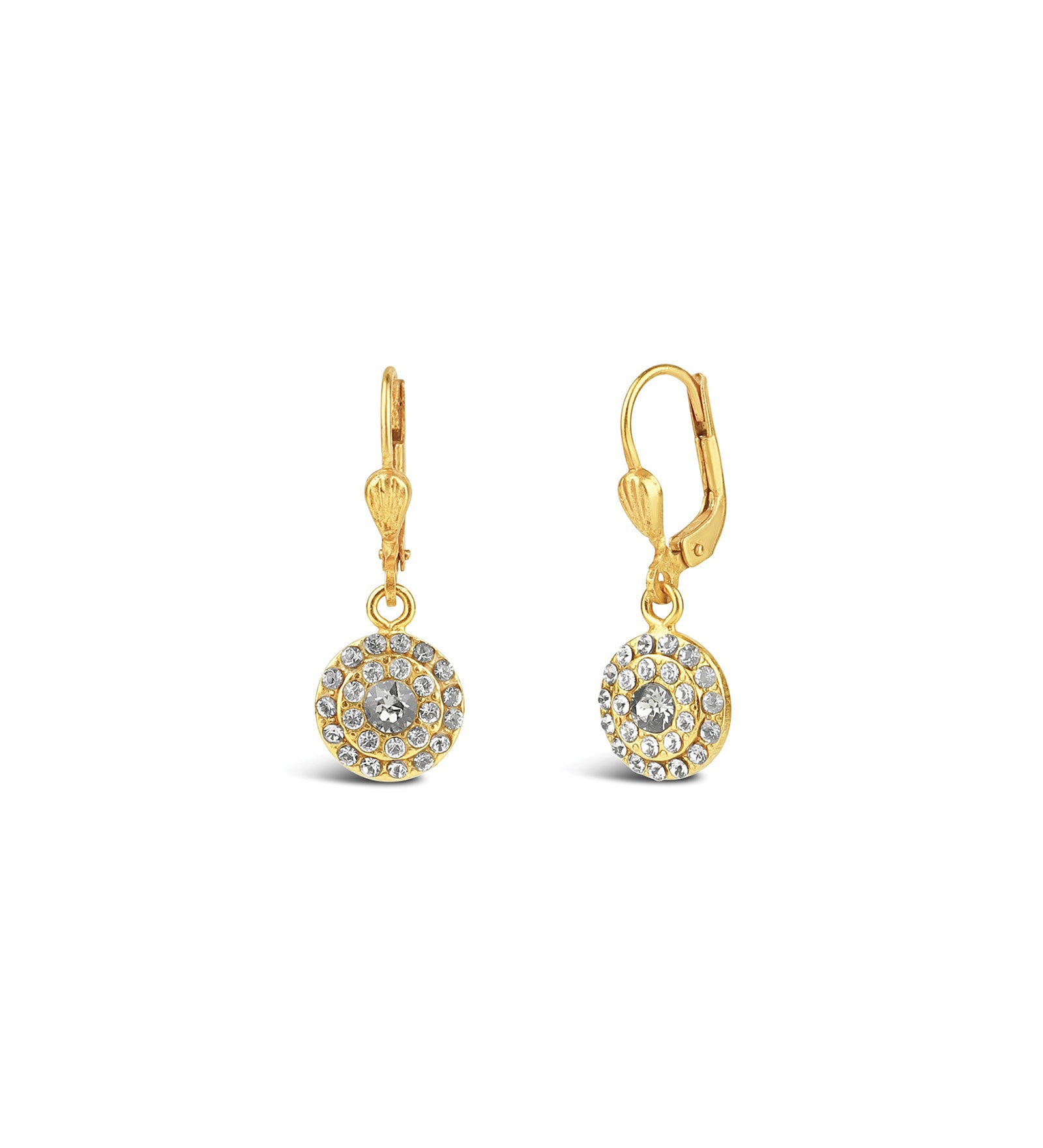 La Vie Parisienne-Round Disc Crystal Hooks-Earrings-14k Gold Plated, White Crystal-Blue Ruby Jewellery-Vancouver Canada