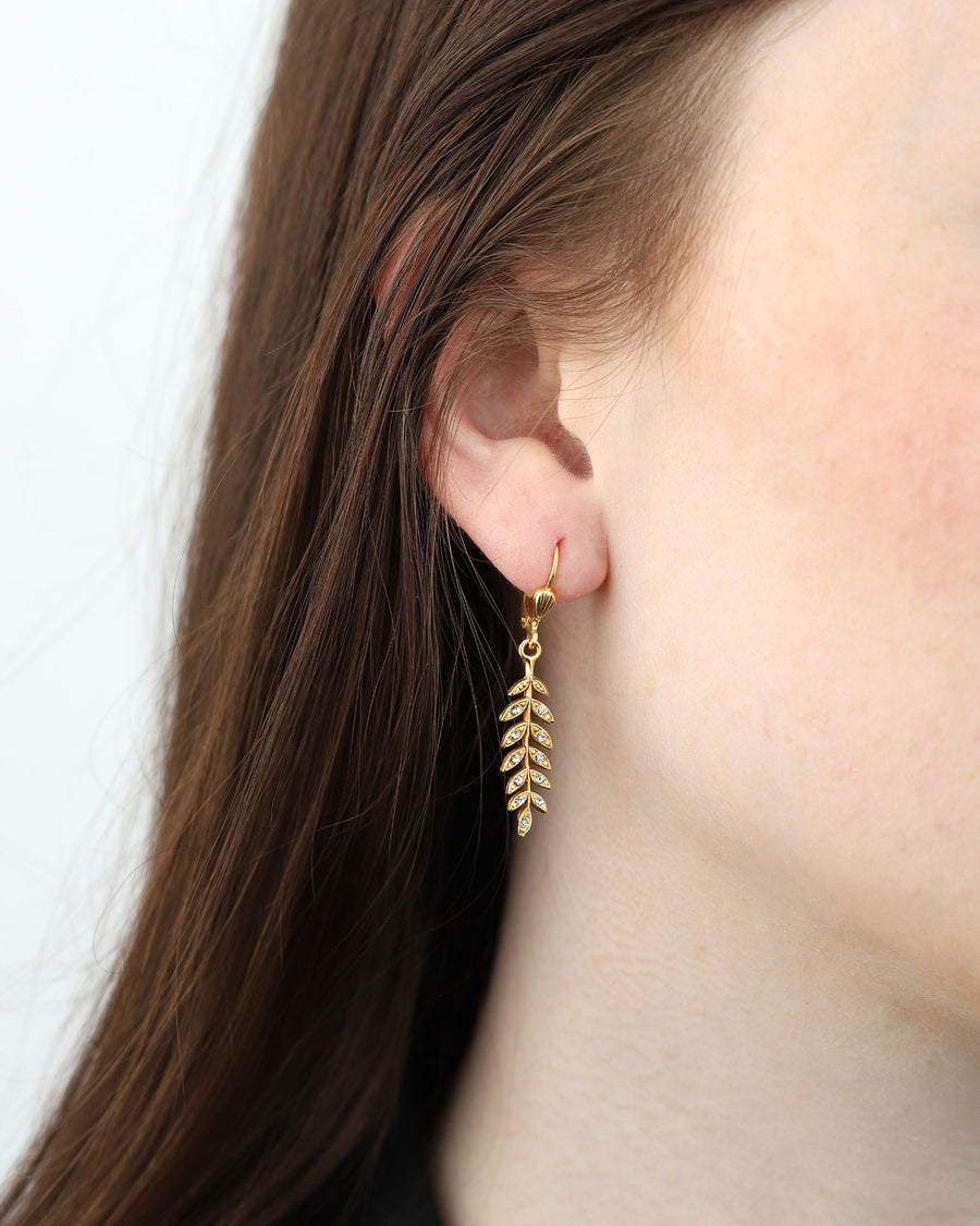 La Vie Parisienne-Leaf Hooks-Earrings-14k Gold Plated, White Crystal-Blue Ruby Jewellery-Vancouver Canada