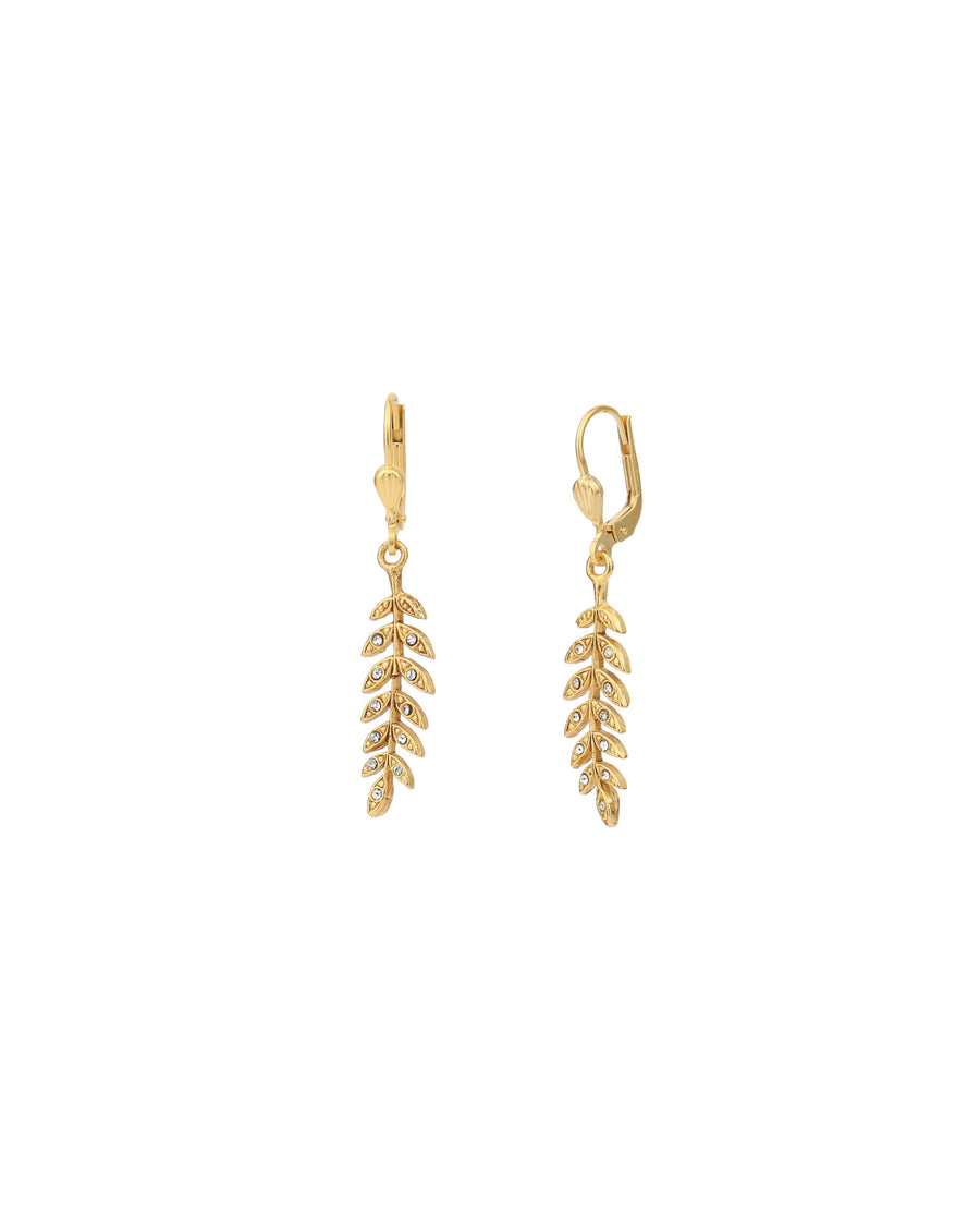 La Vie Parisienne-Leaf Hooks-Earrings-14k Gold Plated, White Crystal-Blue Ruby Jewellery-Vancouver Canada