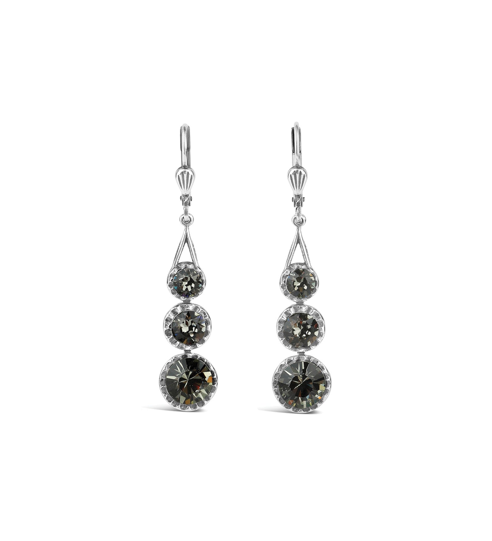 La Vie Parisienne-Three Round Crystal Hooks-Earrings-Silver Plated, Black Diamond Crystal-Blue Ruby Jewellery-Vancouver Canada