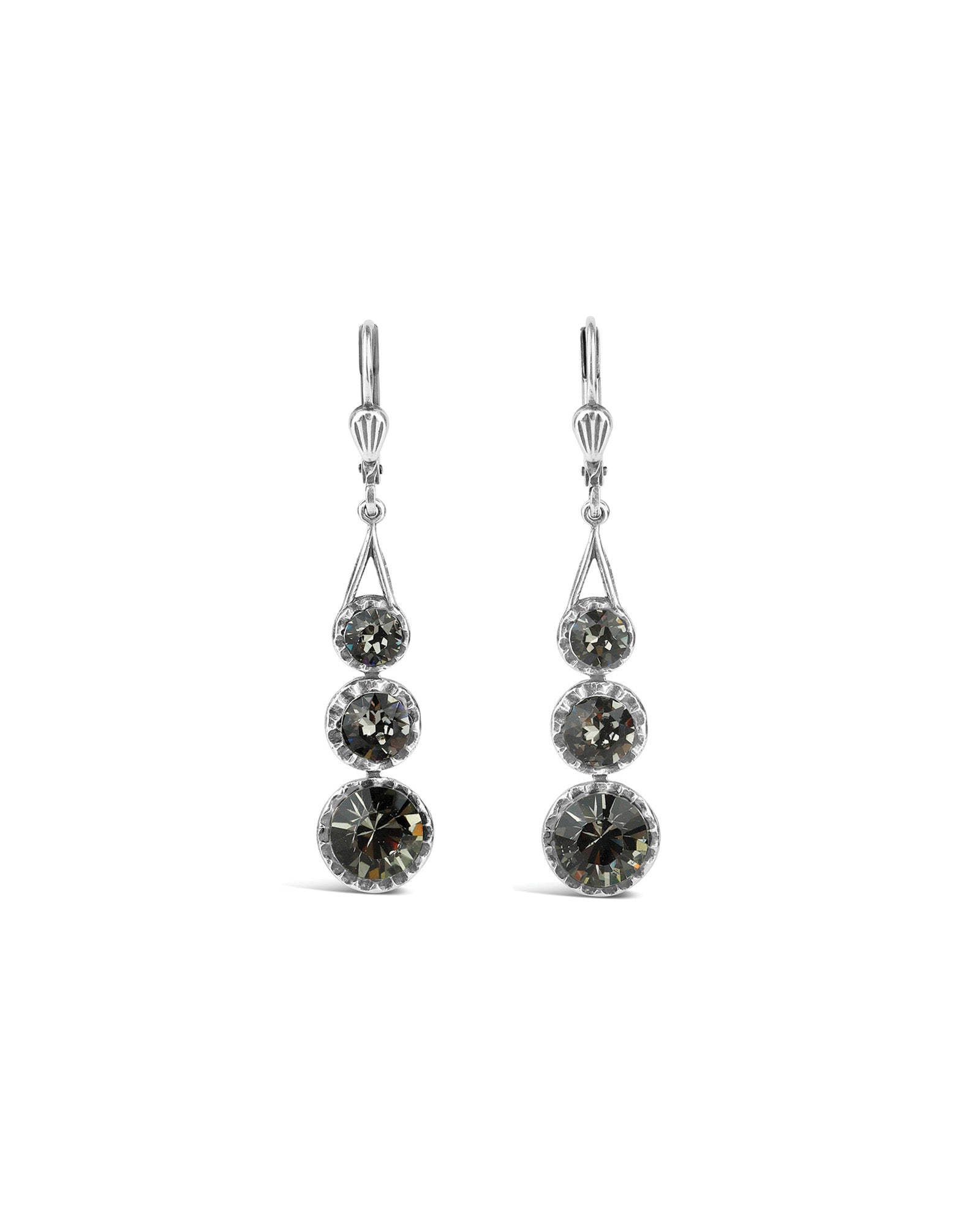 La Vie Parisienne-Three Round Crystal Hooks-Earrings-Silver Plated, Black Diamond Crystal-Blue Ruby Jewellery-Vancouver Canada