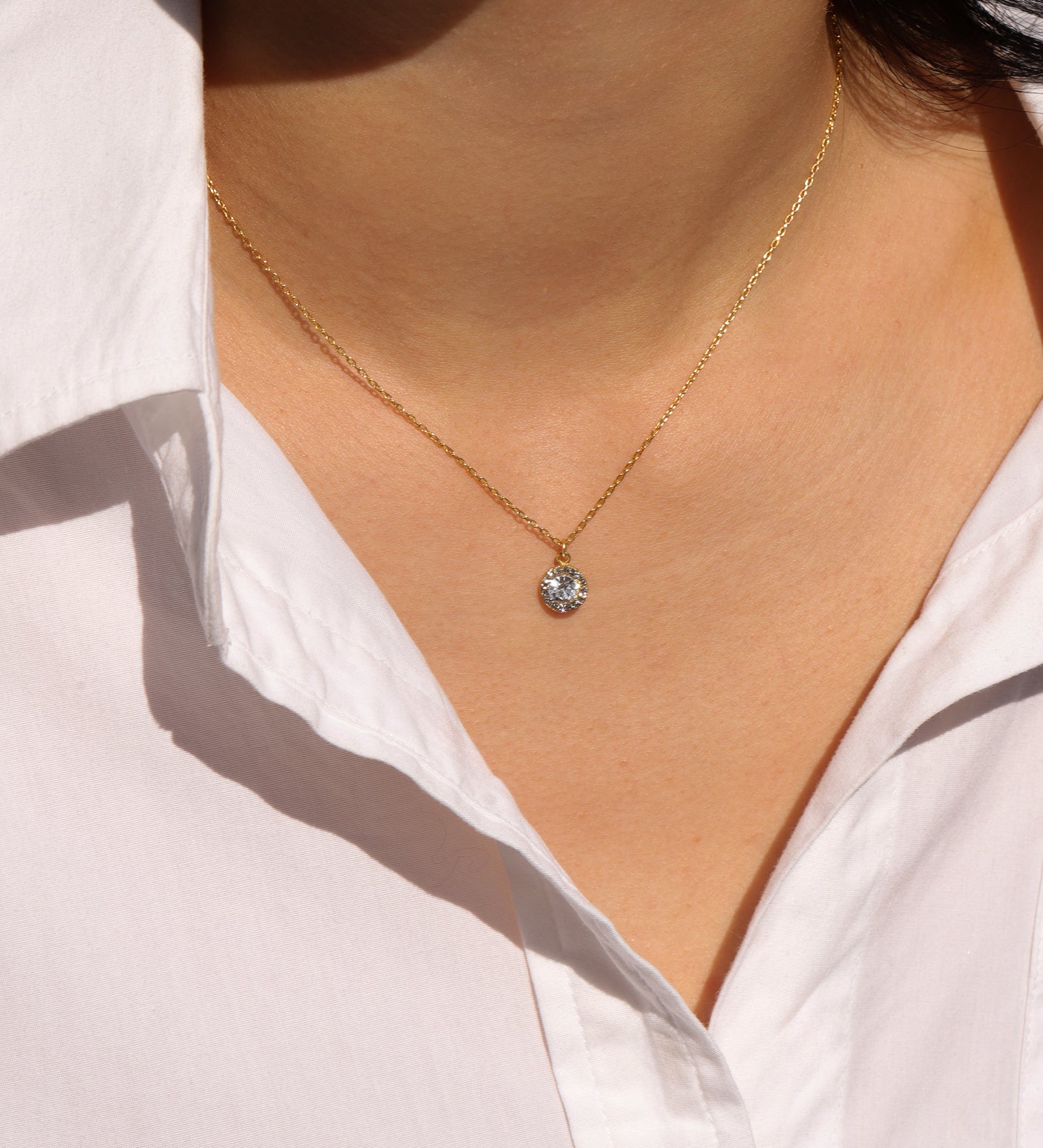 La Vie Parisienne-Round Pavé Halo Necklace-Necklaces-14k Gold Plated, Black Diamond Crystal-Blue Ruby Jewellery-Vancouver Canada