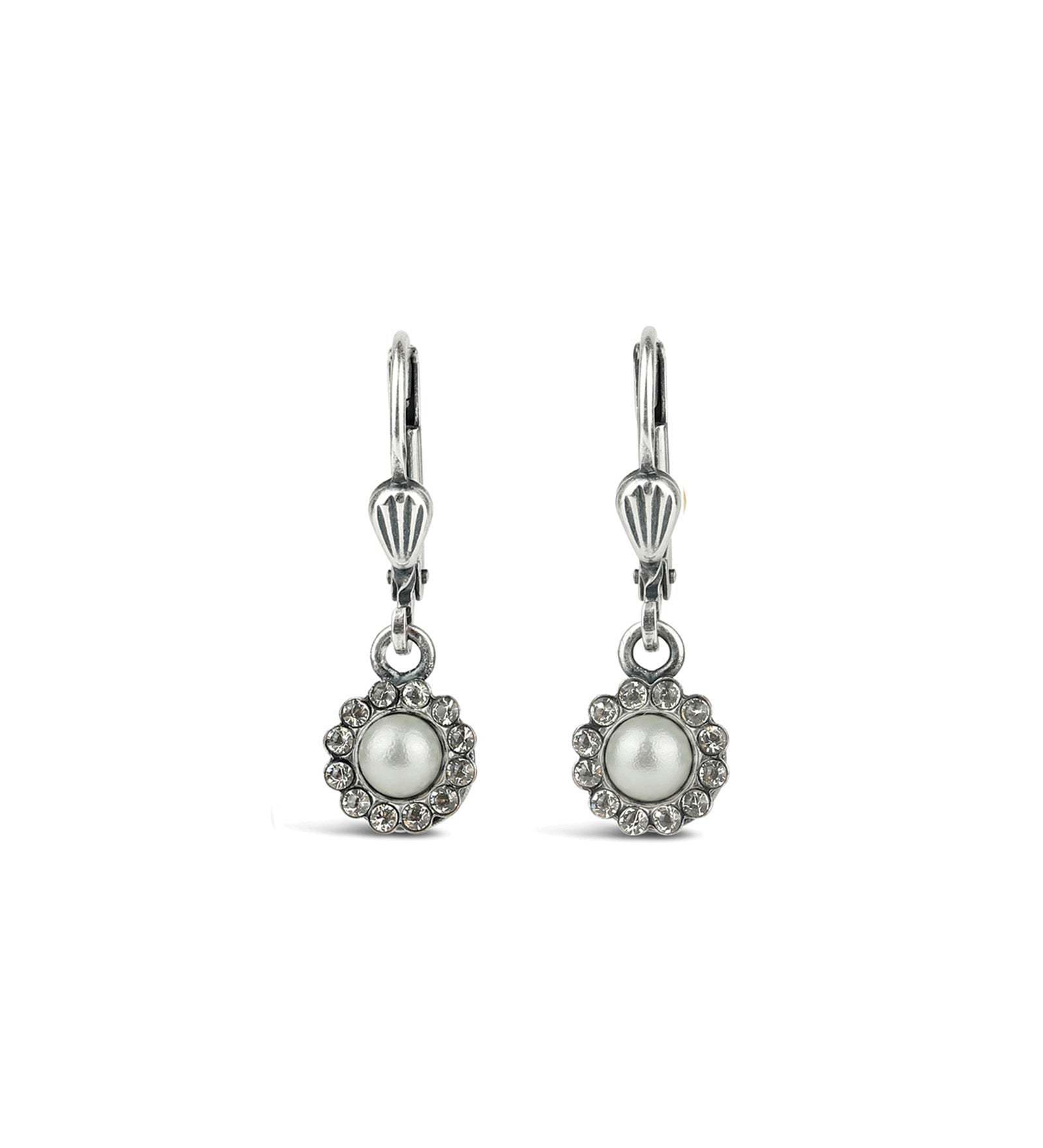 La Vie Parisienne-Round Halo Pavé Hooks | 7mm-Earrings-Silver Plated, White Pearl-Blue Ruby Jewellery-Vancouver Canada