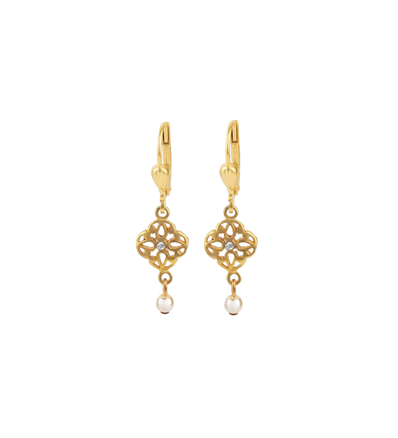 La Vie Parisienne-Filigree Pearl Drop Hooks-Earrings-14k Gold Plated, White Crystal, White Pearl-Blue Ruby Jewellery-Vancouver Canada