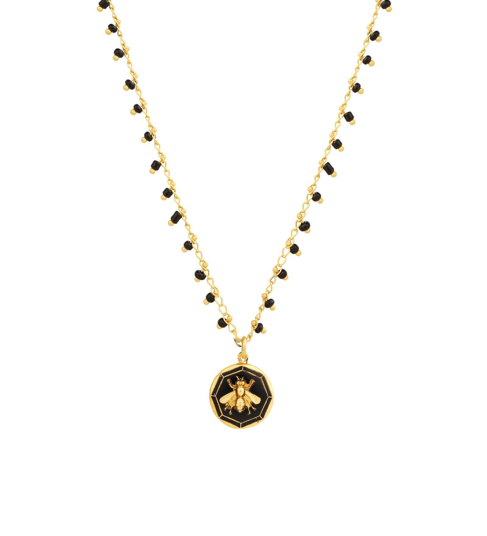 La Vie Parisienne-Enamel Bee Circle Necklace-Necklaces-14k Gold Plated, Black Enamel-Blue Ruby Jewellery-Vancouver Canada