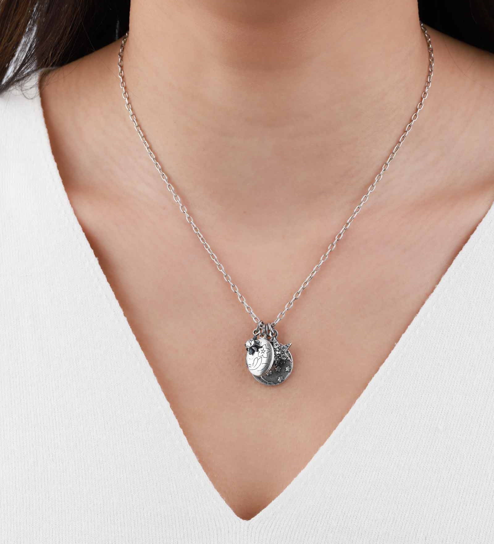 Moon & Star Locket Charm Necklace Silver Plated, White Crystal