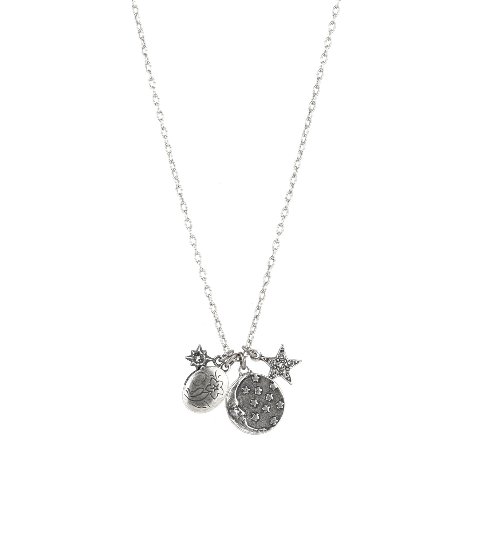 Moon & Star Locket Charm Necklace Silver Plated, White Crystal