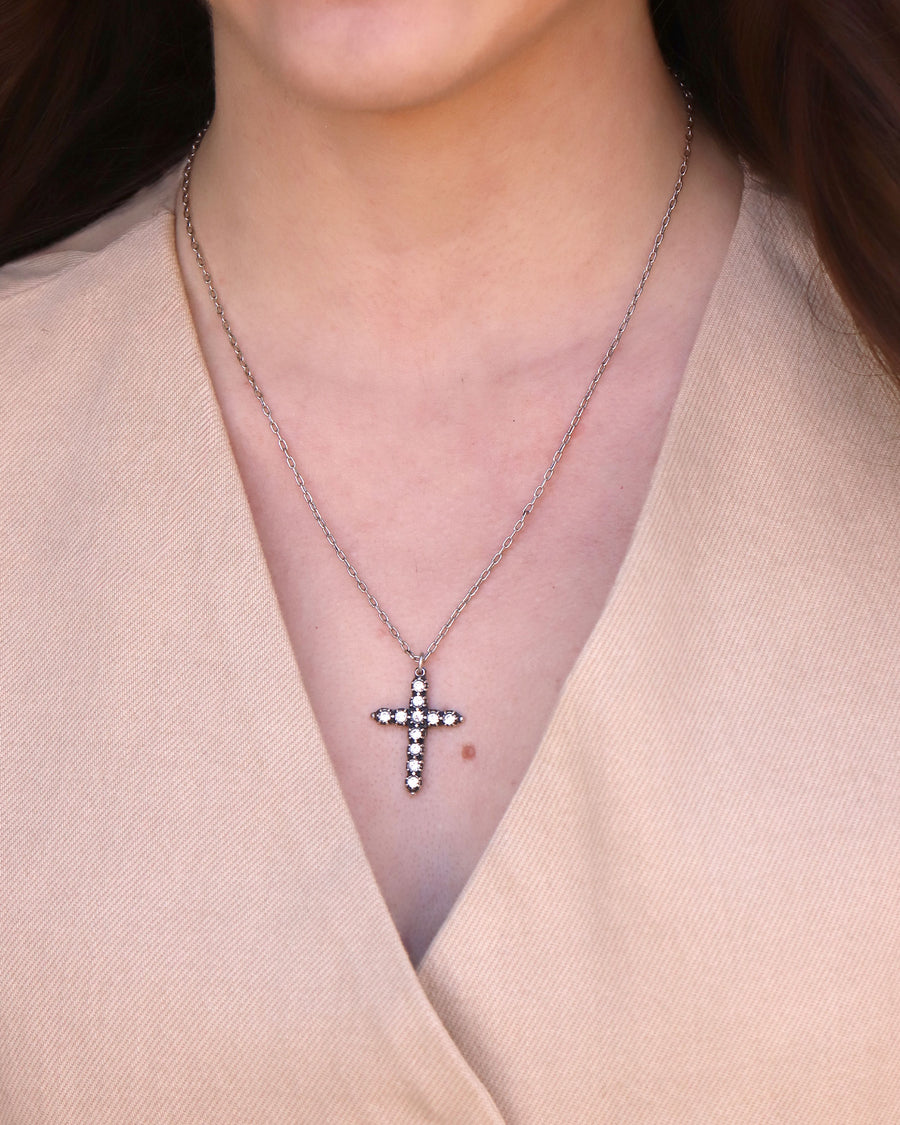 La Vie Parisienne-Cross Necklace-Necklaces-Silver Plated, White Crystal-Blue Ruby Jewellery-Vancouver Canada