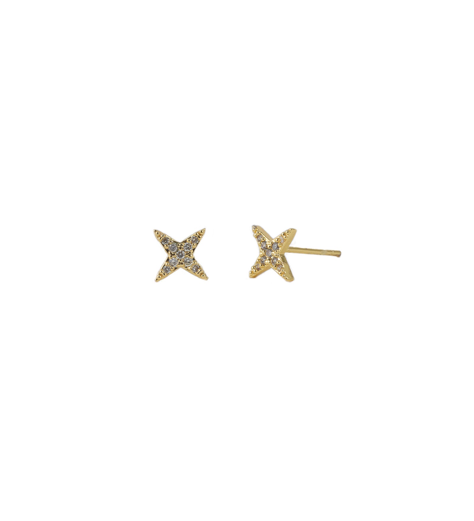 4 Point Star Studs 14k Gold Plated, White Crystal