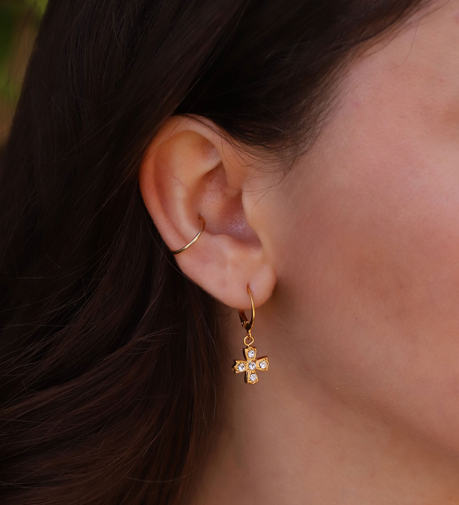 La Vie Parisienne-Crystal Cross Hooks-Earrings-14k Gold Plated, White Crystal-Blue Ruby Jewellery-Vancouver Canada