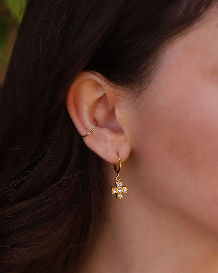 La Vie Parisienne-Crystal Cross Hooks-Earrings-14k Gold Plated, White Crystal-Blue Ruby Jewellery-Vancouver Canada