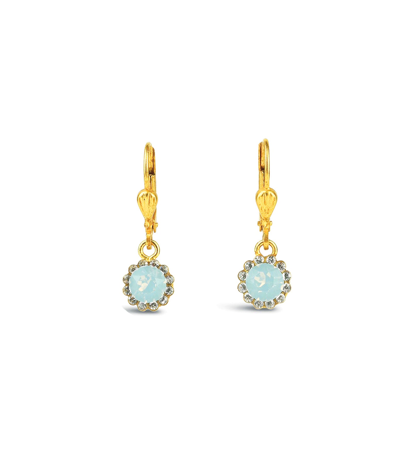 La Vie Parisienne-Round Halo Pavé Hooks | 7mm-Earrings-14k Gold Plated, White Opal Crystal-Blue Ruby Jewellery-Vancouver Canada