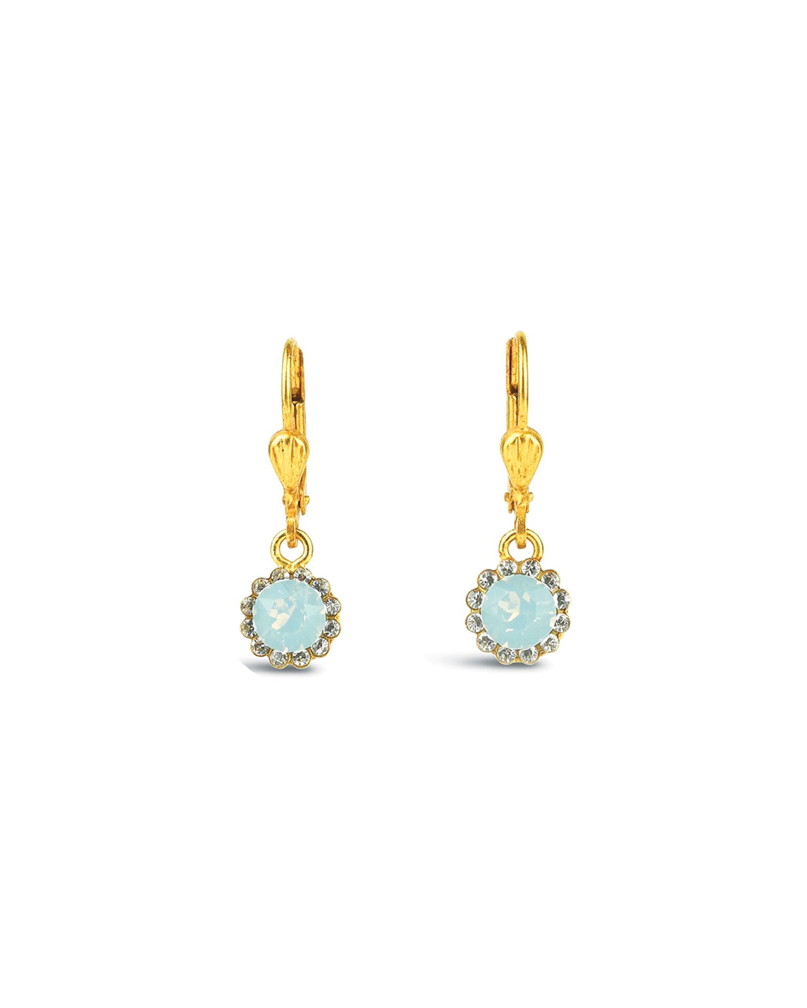 La Vie Parisienne-Round Halo Pavé Hooks | 7mm-Earrings-14k Gold Plated, White Opal Crystal-Blue Ruby Jewellery-Vancouver Canada
