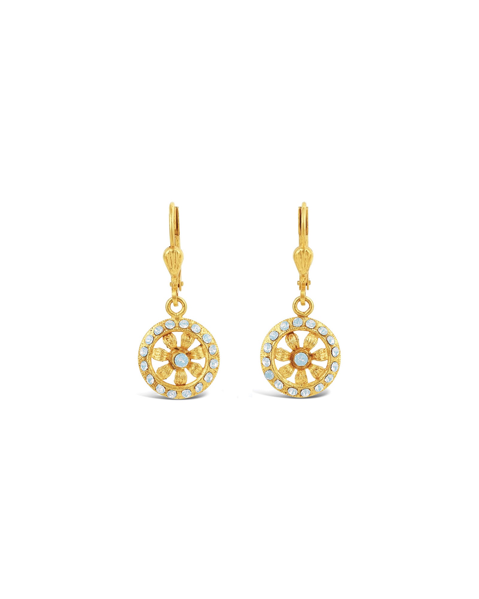 La Vie Parisienne-Flower Halo Crystal Hooks-Earrings-14k Gold Plated, White Opal Crystal-Blue Ruby Jewellery-Vancouver Canada