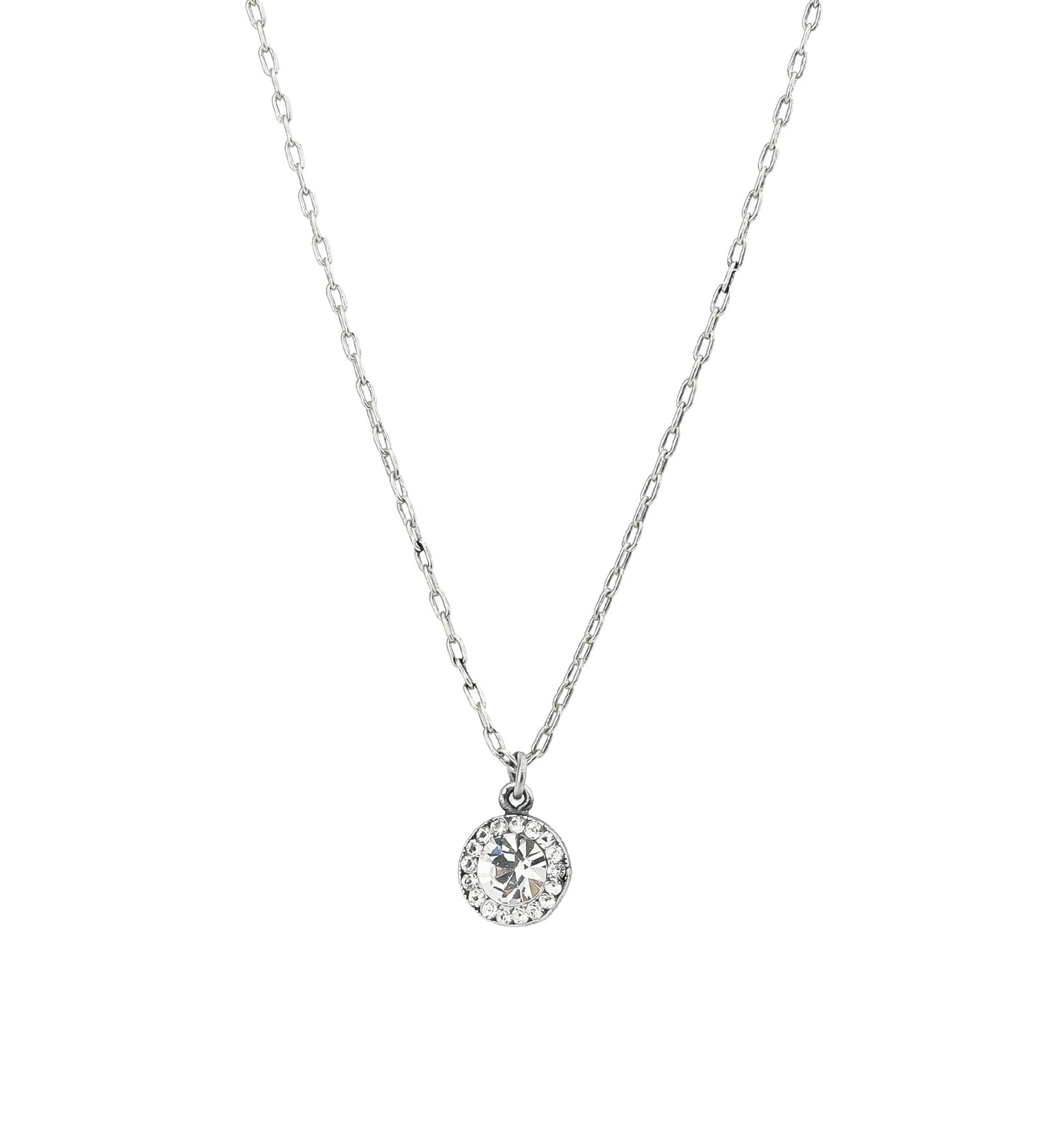 Round Pavé Halo Necklace Silver Plated, White Crystal
