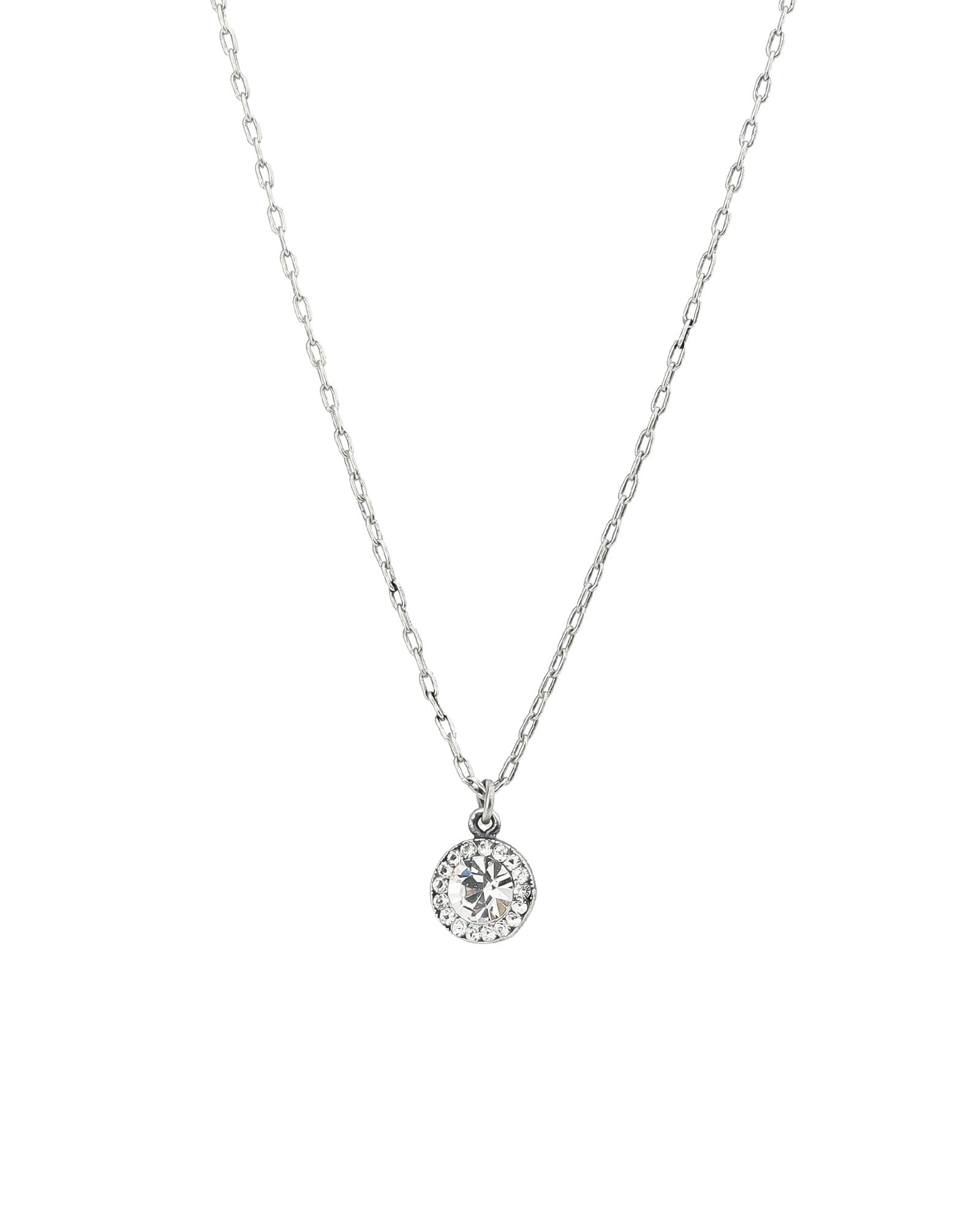 Round Pavé Halo Necklace Silver Plated, White Crystal