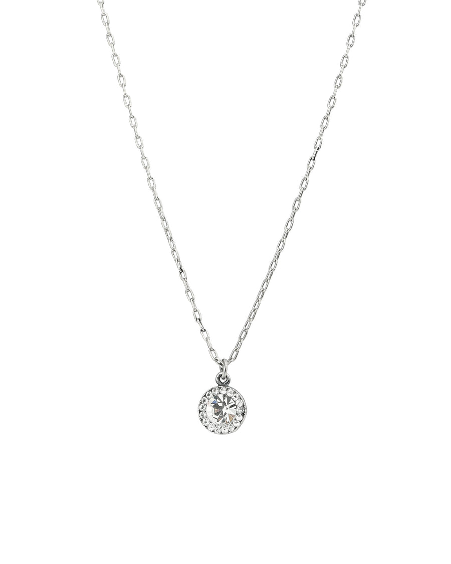 Round Pavé Halo Necklace Silver Plated, White Crystal