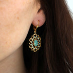 La Vie Parisienne-Oval Filigree Hooks-Earrings-14k Gold Plated, Pacific Opal Crystal-Blue Ruby Jewellery-Vancouver Canada