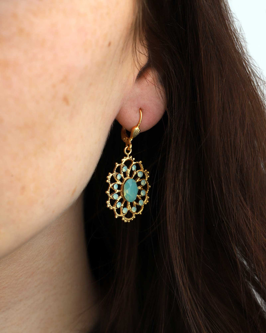 La Vie Parisienne-Oval Filigree Hooks-Earrings-14k Gold Plated, Pacific Opal Crystal-Blue Ruby Jewellery-Vancouver Canada