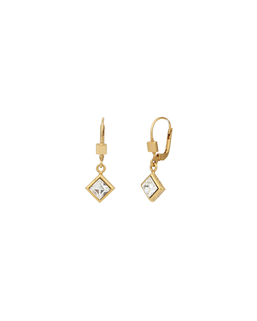 Square Crystal Drop Hooks 14k Gold Plated, White Crystal