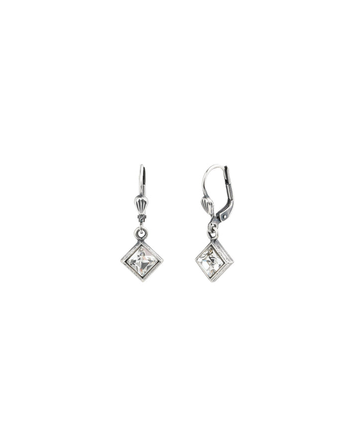 Square Crystal Drop Hooks Sterling Silver Plated, White Crystal