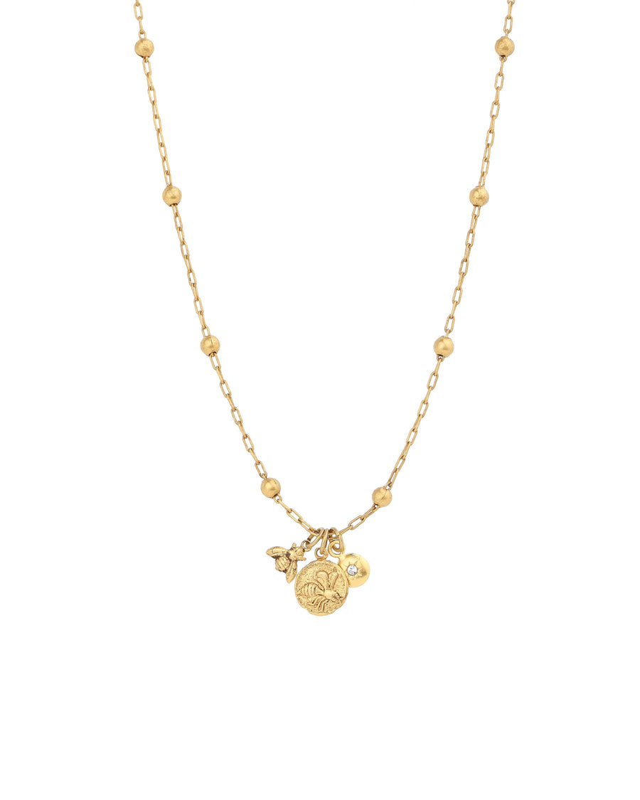 Bee Charm Necklace 14k Gold Plated, White Crystal