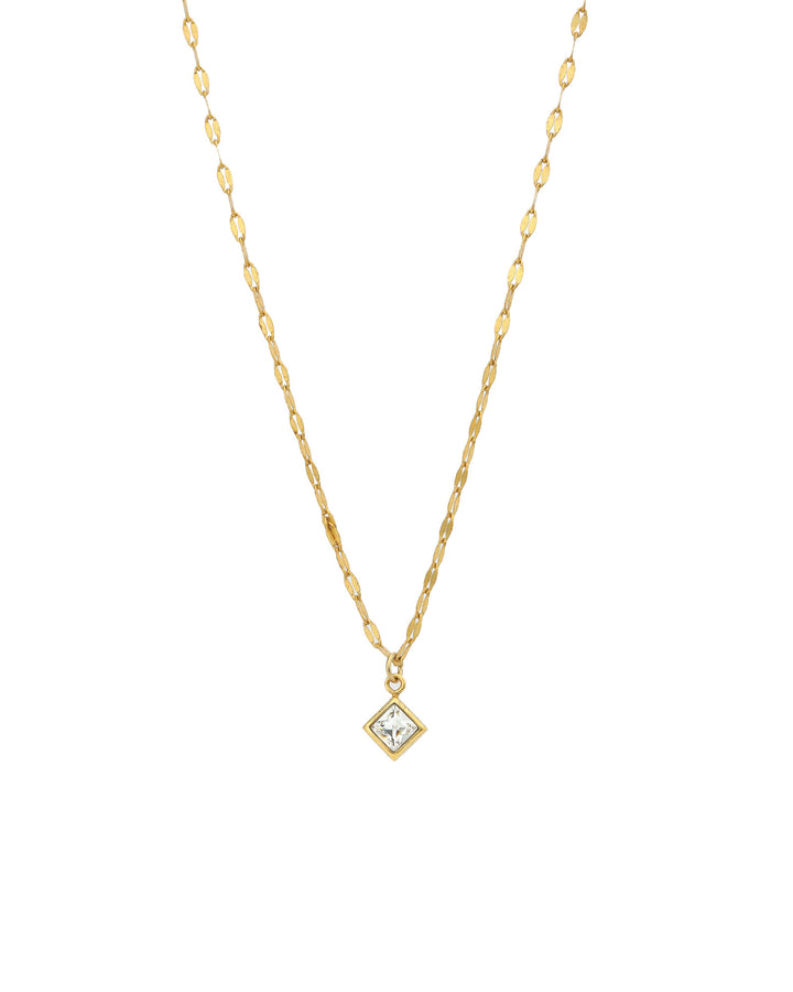 Square Crystal Drop Necklace 14k Gold Plated, White Crystal