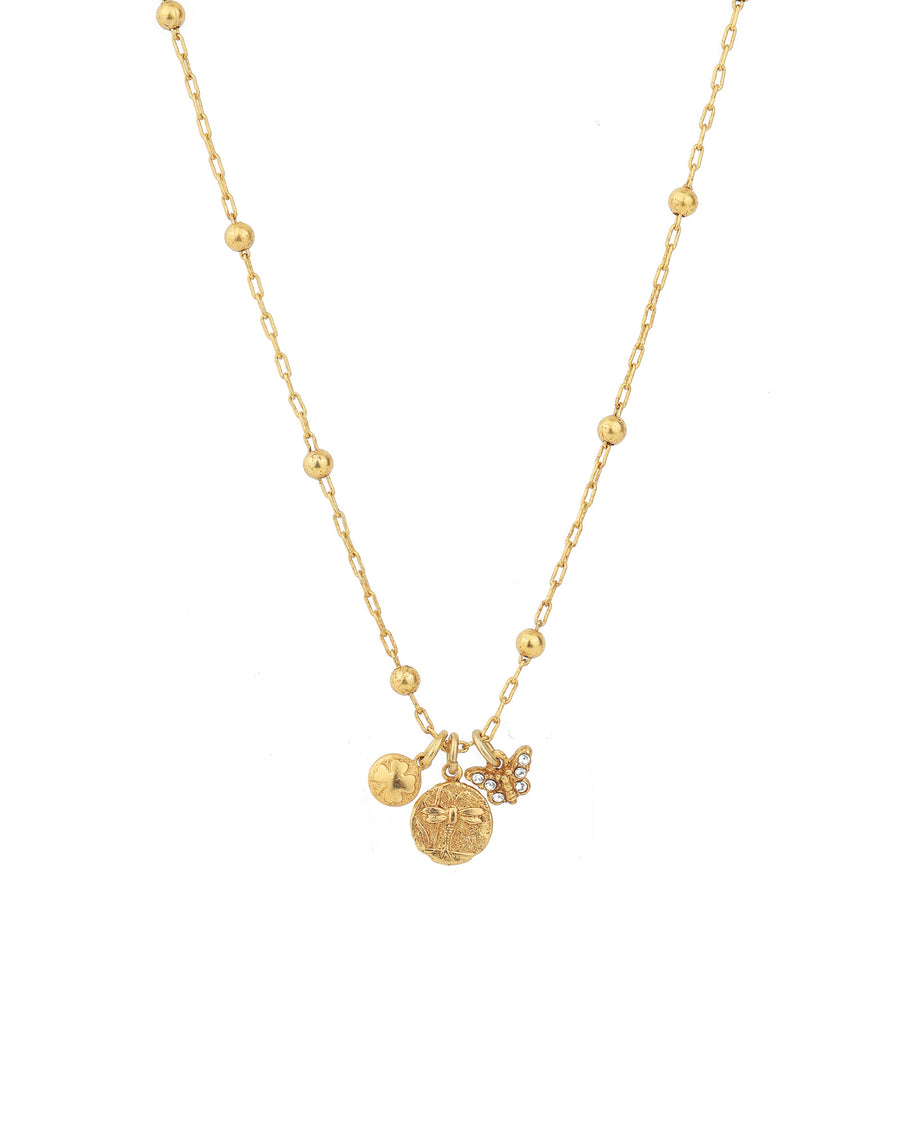 Dragonfly Charm Necklace 14k Gold Plated, White Crystal