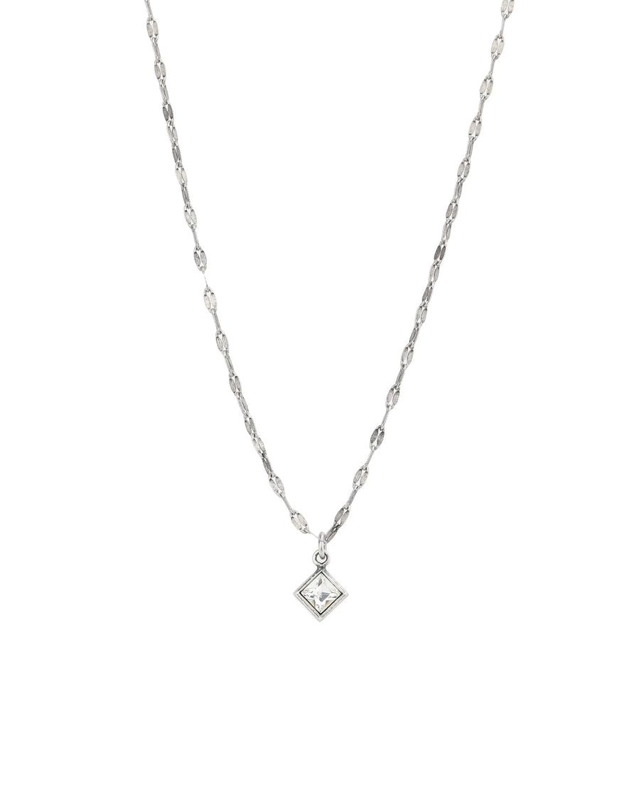 Square Crystal Drop Necklace Sterling Silver Plated, White Crystal