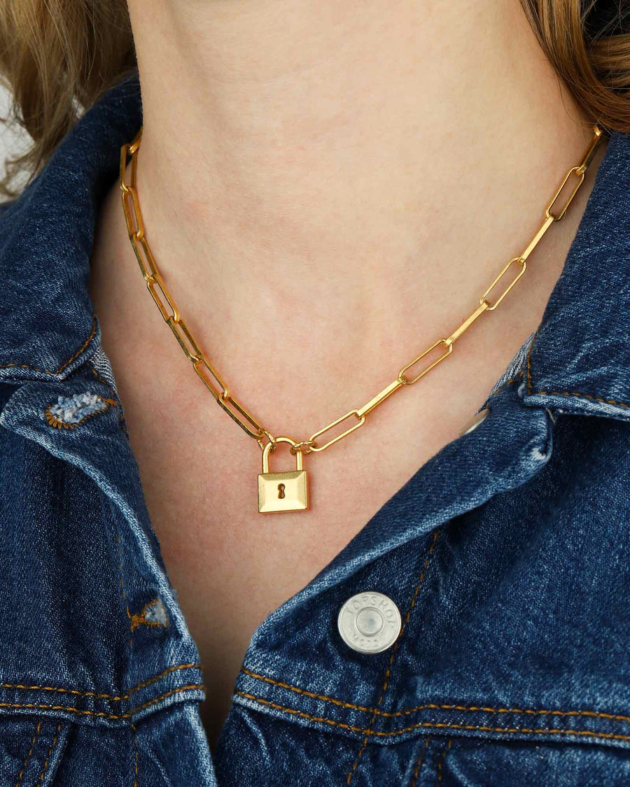 Padlock Paperclip Chain Necklace 14k Gold Plated