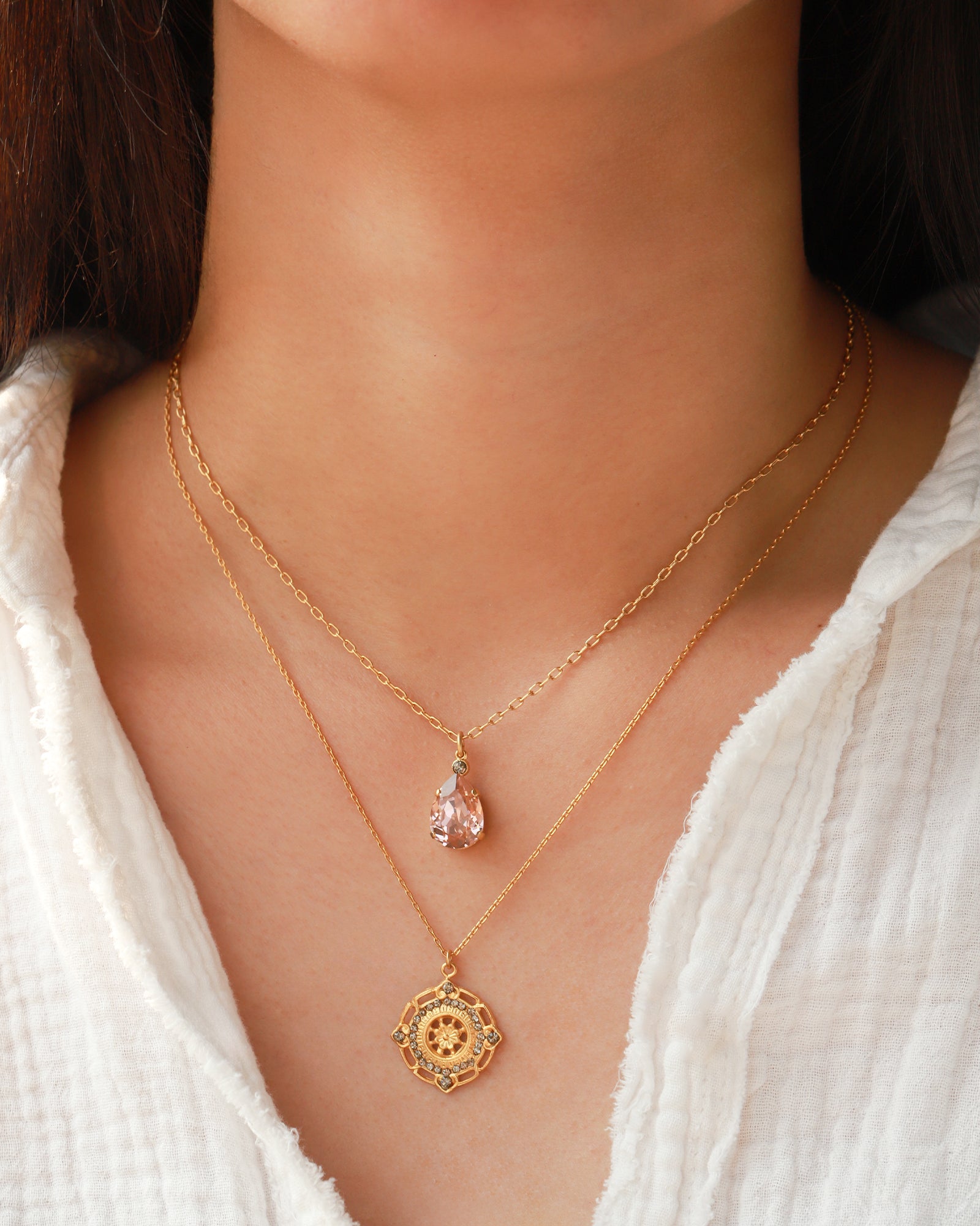 Round Filigree Flower Necklace 14k Gold Plated, Black Diamond Crystal