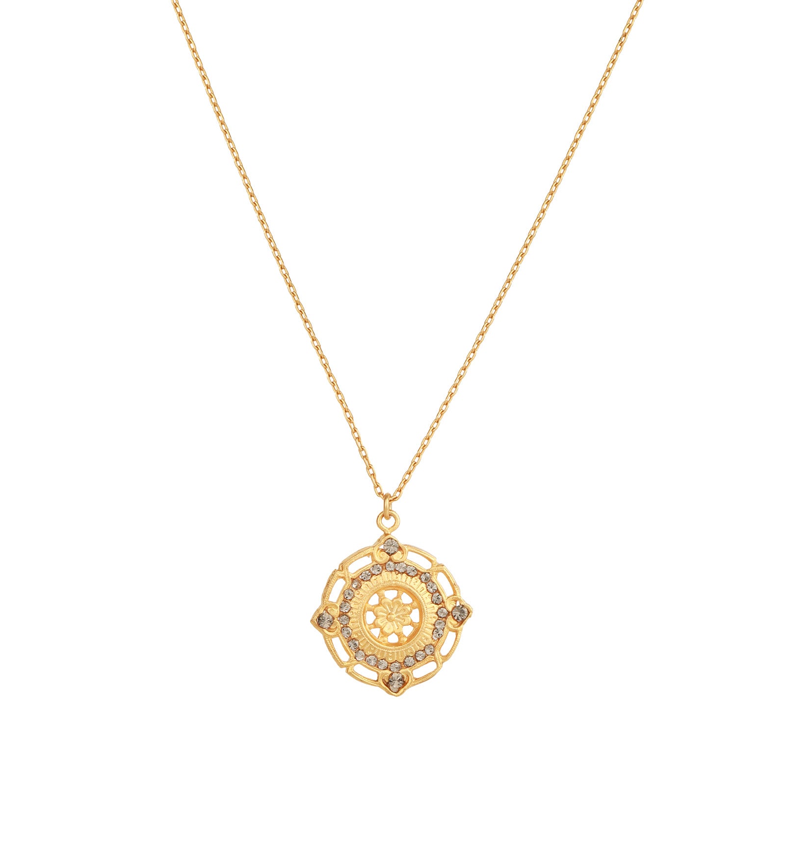 Round Filigree Flower Necklace 14k Gold Plated, Black Diamond Crystal