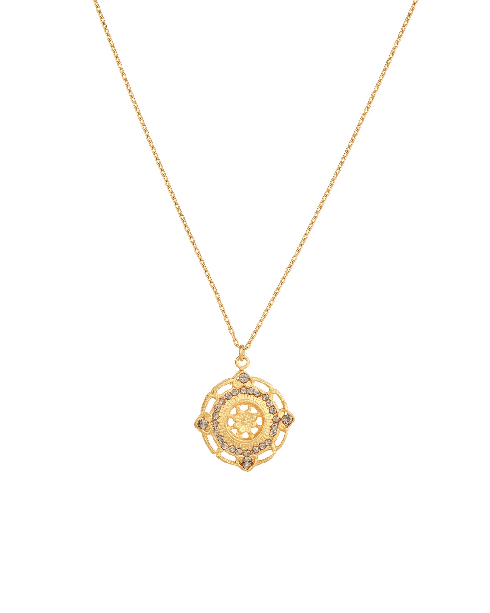 Round Filigree Flower Necklace 14k Gold Plated, Black Diamond Crystal
