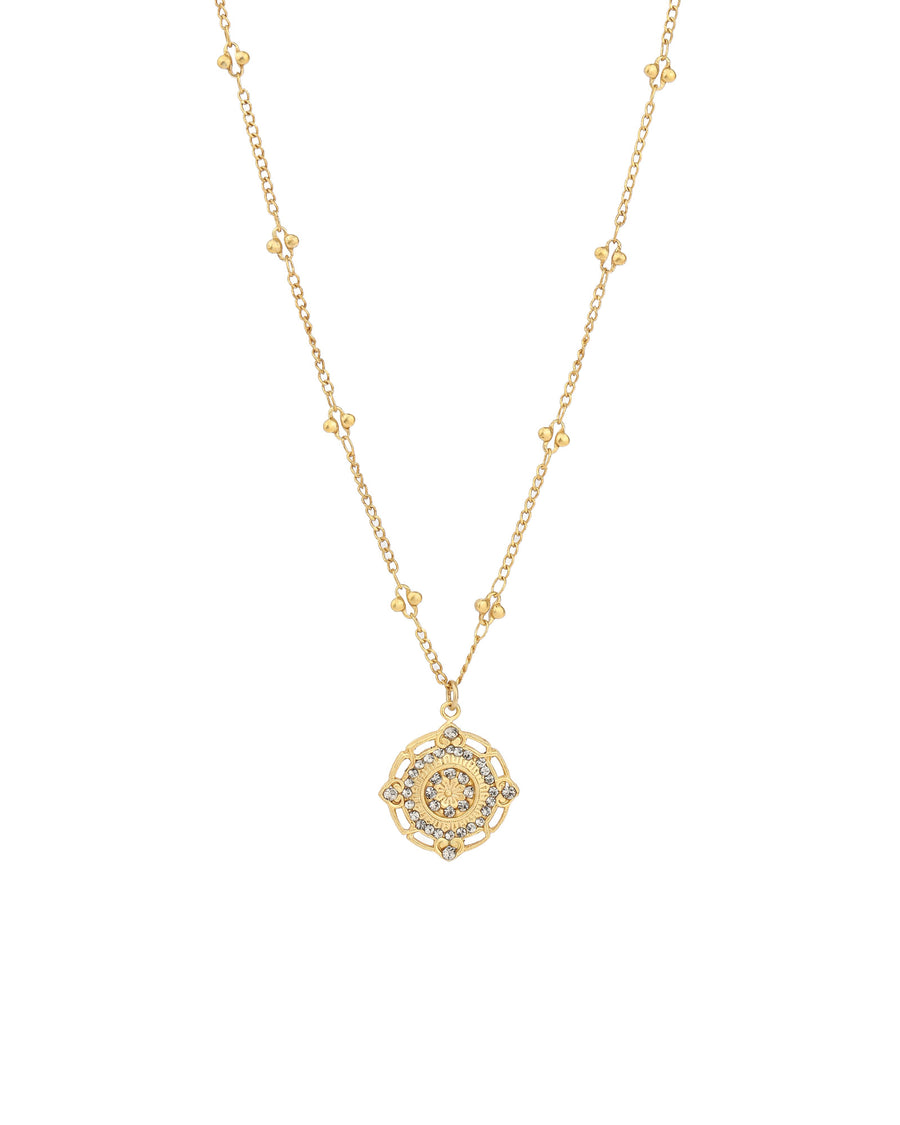 Round Filigree Flower Necklace 14k Gold Plated, Black Diamond Crystal