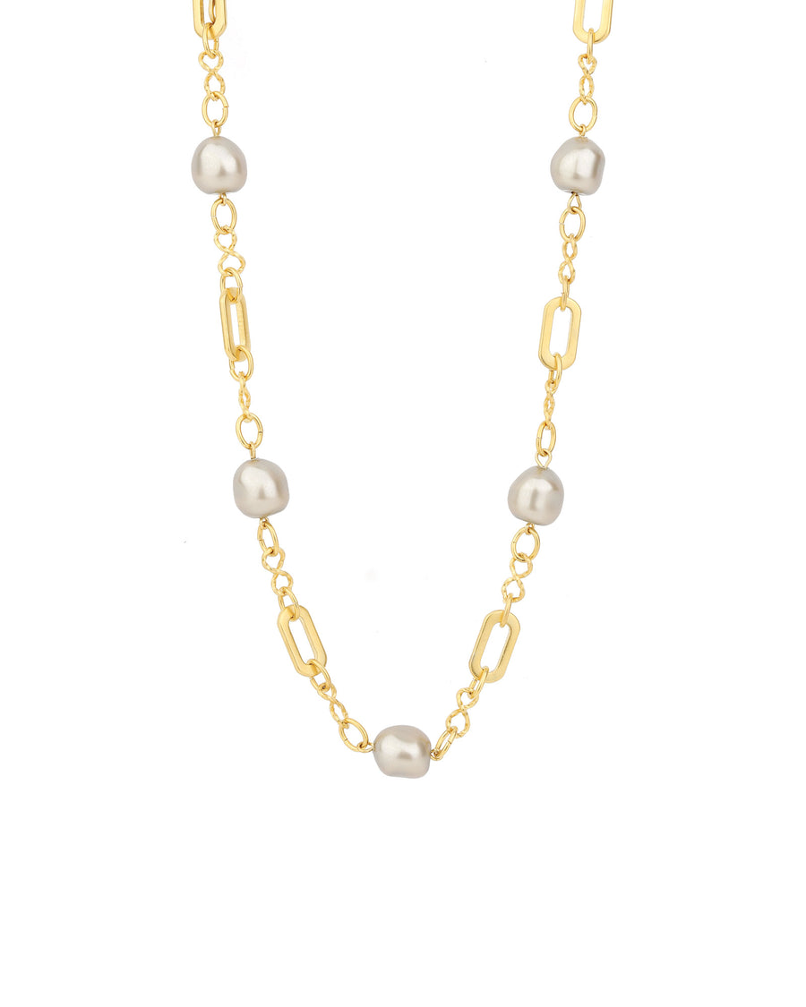 Pearl Station Link Necklace 14k Gold Plated, Platinum Pearl