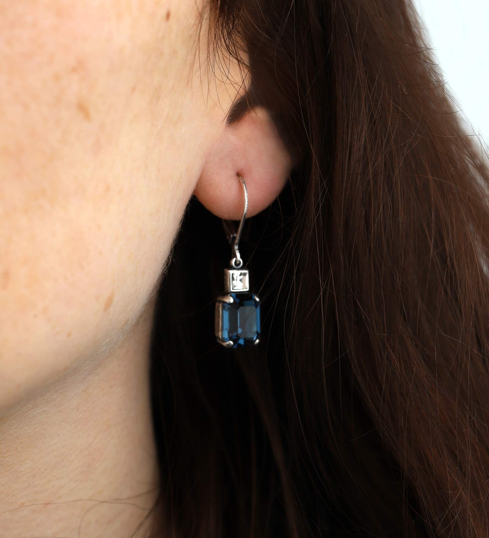 La Vie Parisienne-Rectangle Crystal Hooks-Earrings-Silver Plated, Midnight Crystal-Blue Ruby Jewellery-Vancouver Canada