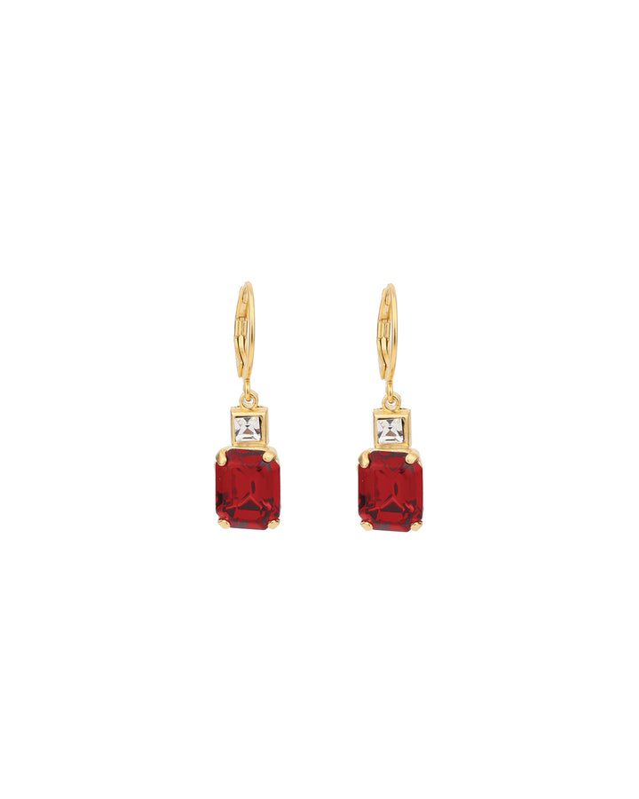 La Vie Parisienne-Rectangle Crystal Hooks-Earrings-14k Gold Plated, Red Crystal-Blue Ruby Jewellery-Vancouver Canada