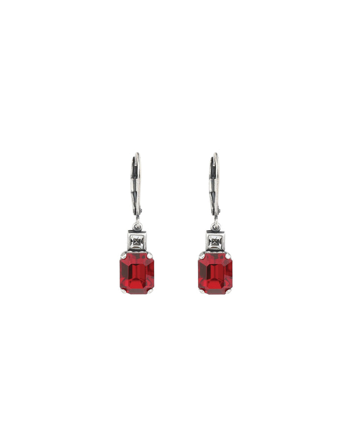 La Vie Parisienne-Rectangle Crystal Hooks-Earrings-Silver Plated, Red Crystal-Blue Ruby Jewellery-Vancouver Canada