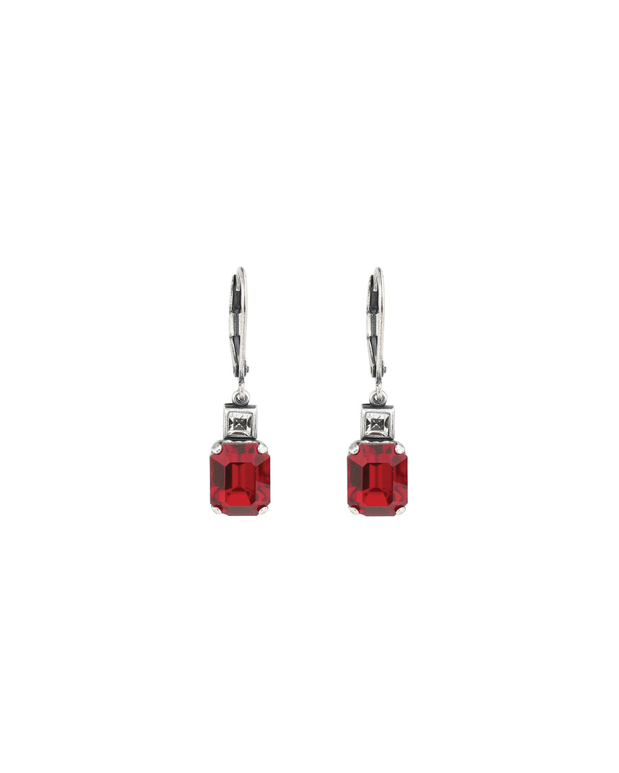 La Vie Parisienne-Rectangle Crystal Hooks-Earrings-Silver Plated, Red Crystal-Blue Ruby Jewellery-Vancouver Canada