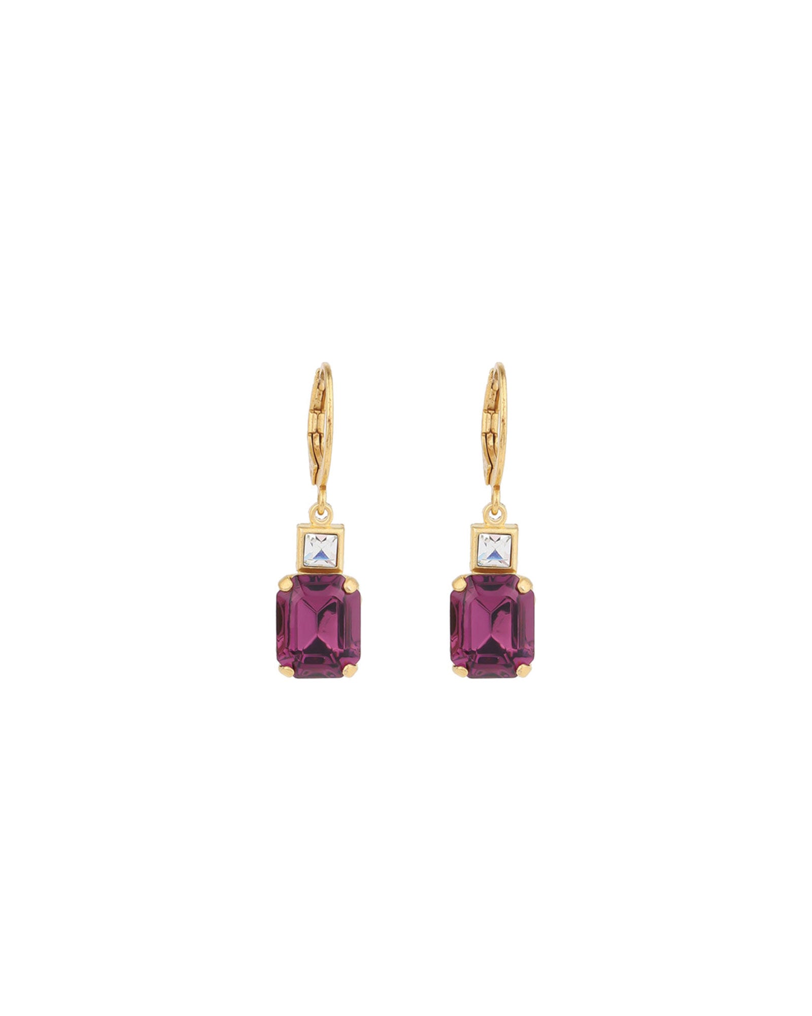 La Vie Parisienne-Rectangle Crystal Hooks-Earrings-14k Gold Plated, Amethyst Crystal-Blue Ruby Jewellery-Vancouver Canada