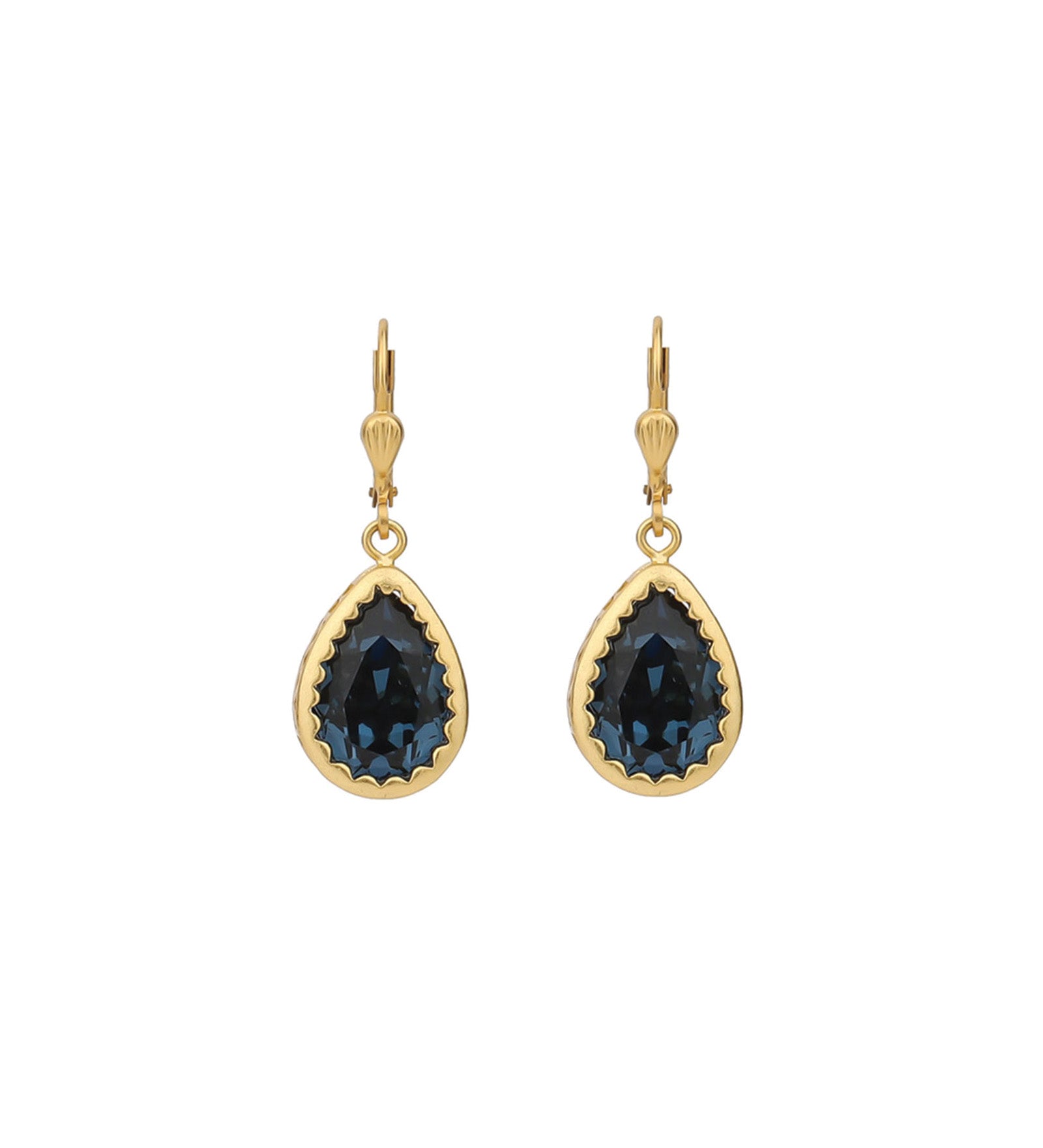 La Vie Parisienne-Filigree Bezel Teardrop Hooks-Earrings-14k Gold Plated, Midnight Crystal-Blue Ruby Jewellery-Vancouver Canada